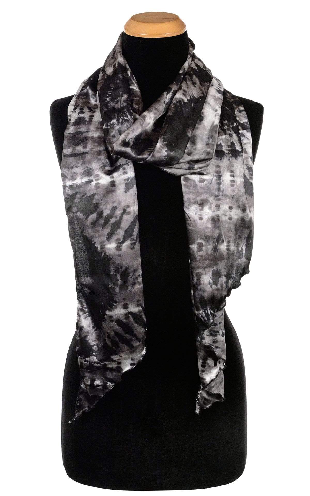 Women’s  Large Handkerchief Scarf, Wrap on Mannequin wrapped | Egyptian Scarab, Black, Gray, and off-white tie-dye | Handmade in Seattle WA | Pandemonium Millinery