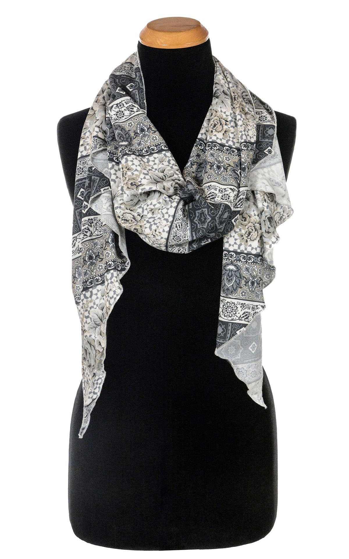 Women’s Large Handkerchief Scarf, Wrap on Mannequin  | English Tea, a unique printed blend in Blues and Creams | Handmade in Seattle WA | Pandemonium Millinery