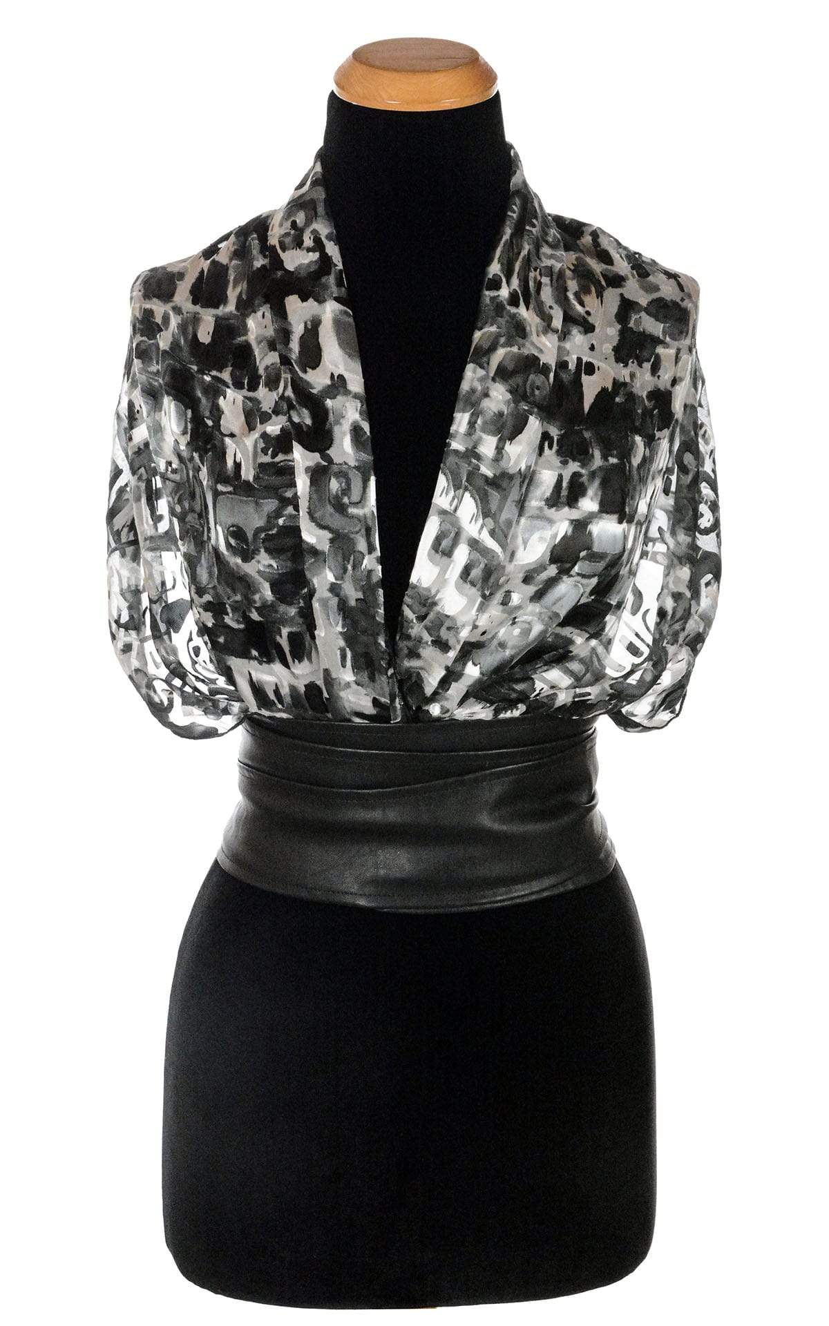 Ladies Large Handkerchief Scarf, Wrap in hand-painted silk on a mannequin shown with Obi belt | Garden Path in Sand Dollar  black, Gray, and Ivory print | Handmade in Seattle WA | Pandemonium Millinery