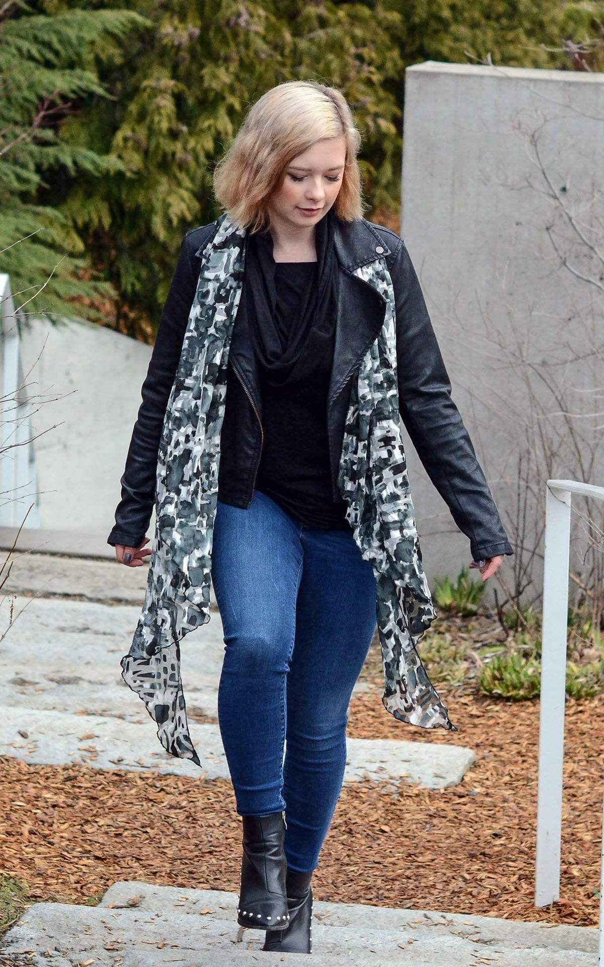  Women walking upstairs outdoors wearing Large Handkerchief Scarf, Wrap in hand-painted silk | Garden Path in Sand Dollar  black, Gray, and Ivory print | Handmade in Seattle WA | Pandemonium Millinery