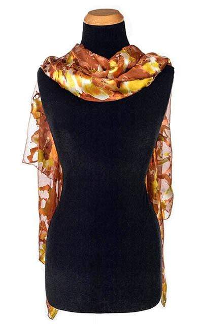 Women's Large Handkerchief Scarf, Wrap in hand-painted silk on a mannequin | Garden Path in Snap Dragon, Yellow, Rust, Ivory, orange splash print | Handmade in Seattle WA | Pandemonium Millinery