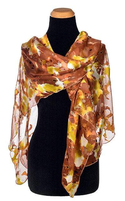 Ladies Large Handkerchief Scarf, Wrap in hand-painted silk on a mannequin | Garden Path in Snap Dragon, Yellow, Rust, Ivory, orange splash print | Handmade in Seattle WA | Pandemonium Millinery