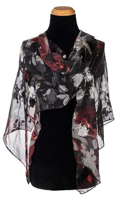 Ladies Large Handkerchief Scarf, Wrap in hand-painted silk on a mannequin | Garden Path in Poppy Black, Gray, Red and Ivory floral print | Handmade in Seattle WA | Pandemonium Millinery
