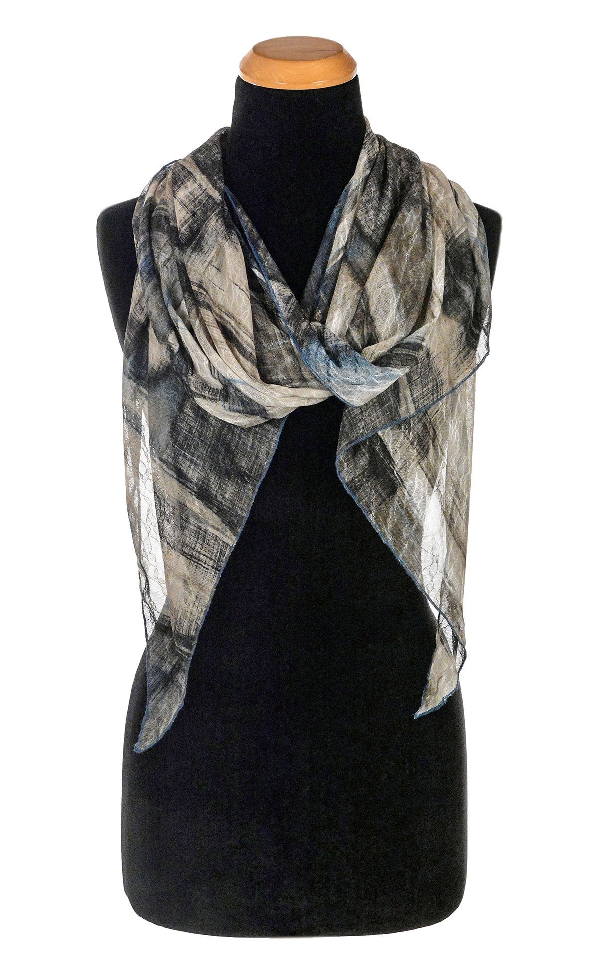 Women’s Large Handkerchief Scarf, Wrap on Mannequin | Lovely Lace in Blue, a blue/beige/black print on sheer lace knit | Handmade in Seattle WA | Pandemonium Millinery