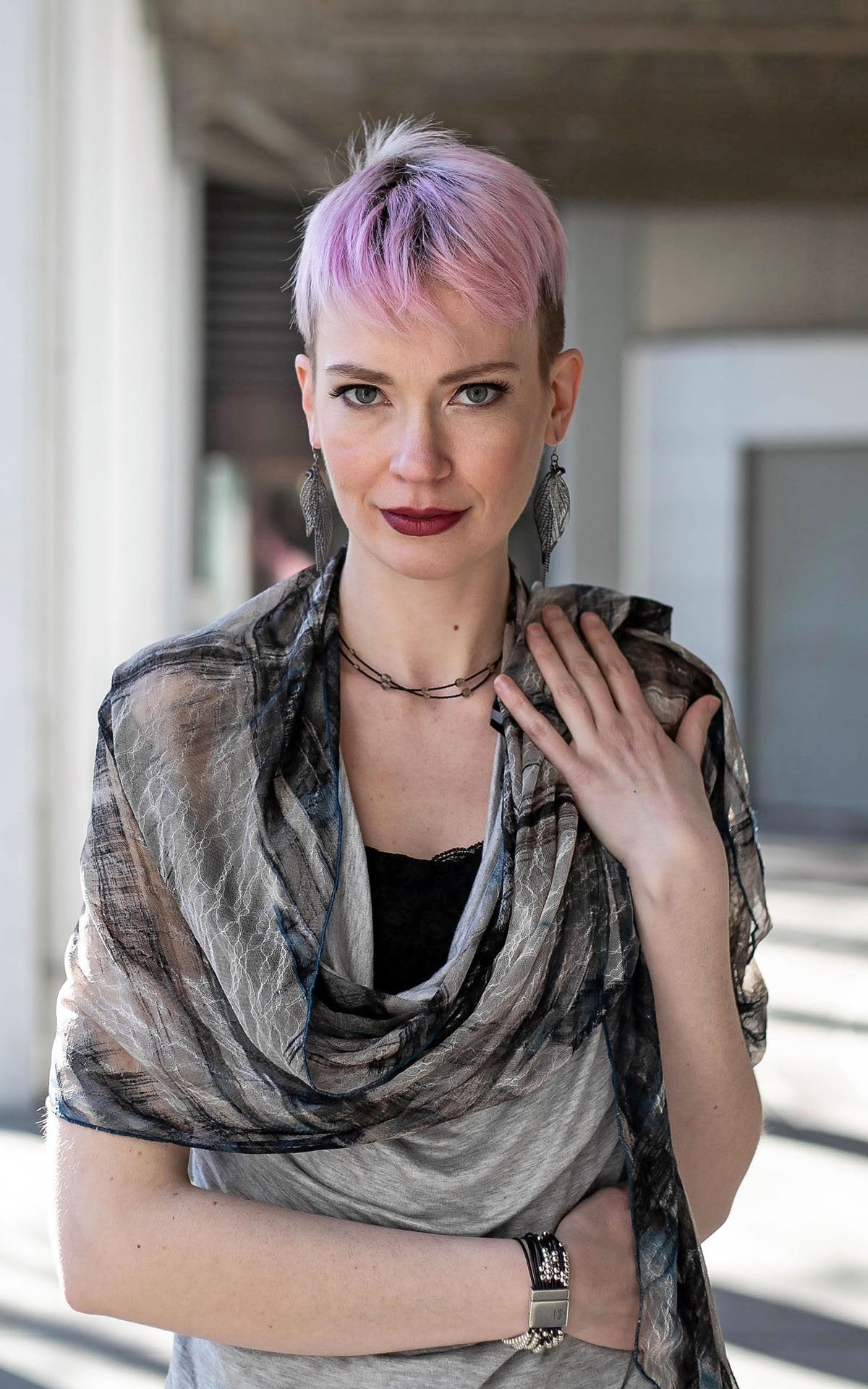 Women standing outdoors wearing Handkerchief Scarf, Wrap Lovely Lace in Pink, a Pink/beige/black print on sheer lace knit | Handmade in Seattle WA | Pandemonium Millinery