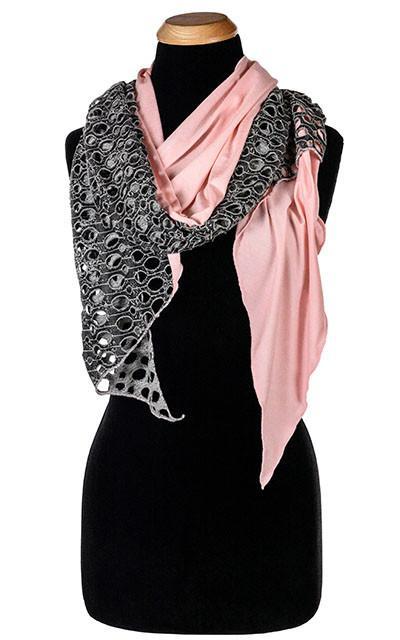 Ladies Two-Tone Handkerchief  Scarf on Mannequin  | Lunar Landing, a black and neutral knit with curled edges surrounding holes, paired with a light-weight Jersey Knit  Pink Jersey Knit | Handmade in Seattle WA | Pandemonium Millinery