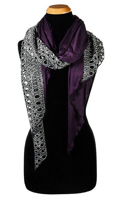 Ladies Two-Tone Handkerchief Scarf on Mannequin | Lunar Landing, a black and neutral knit with curled edges surrounding holes, paired with a light-weight lime purple Jersey Knit | Handmade in Seattle WA | Pandemonium Millinery