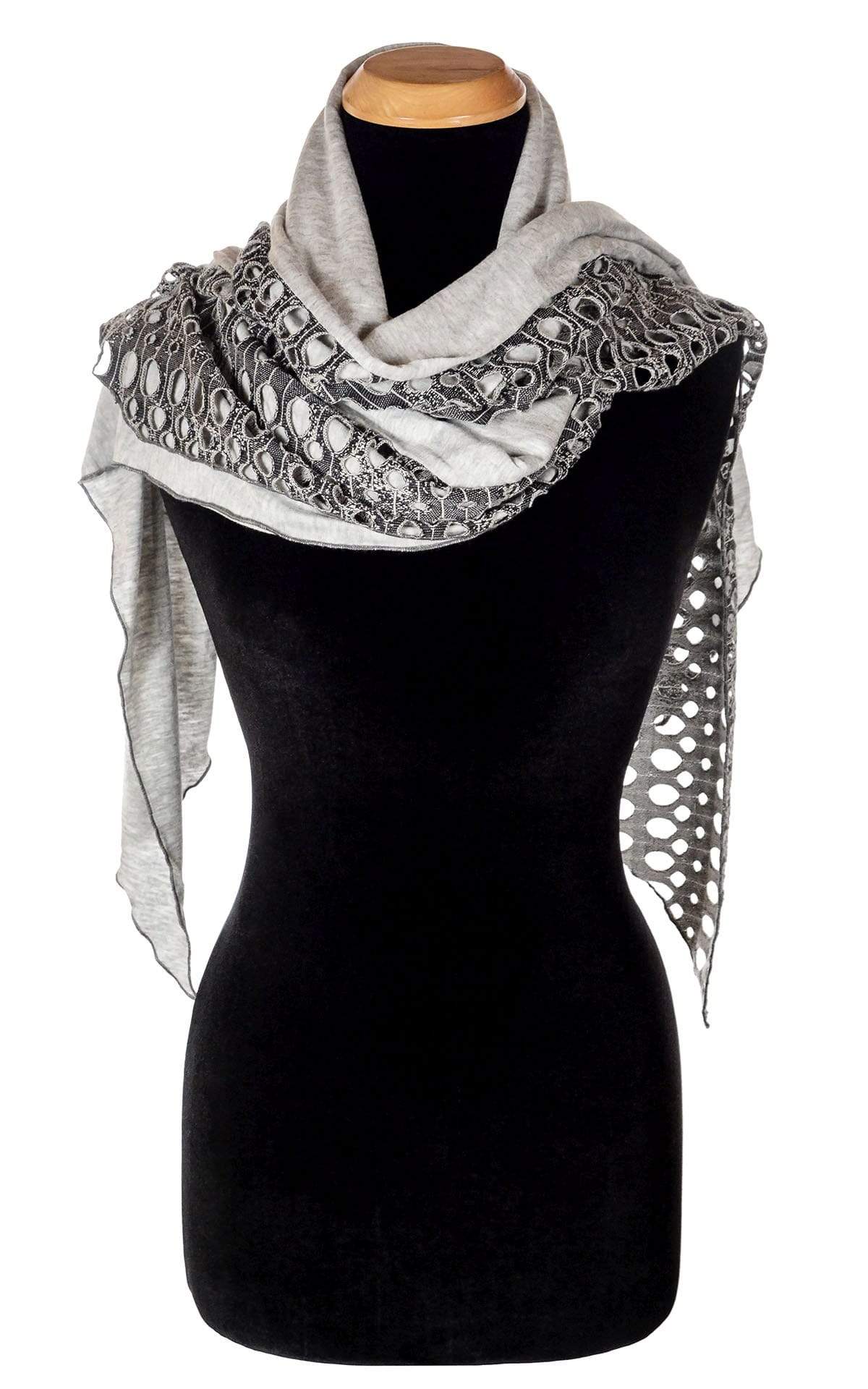 Ladies Two-Tone Handkerchief Scarf on Mannequin | Lunar Landing, a black and neutral knit with curled edges surrounding holes, paired with a light-weight Silver Gray Jersey Knit | Handmade in Seattle WA | Pandemonium Millinery