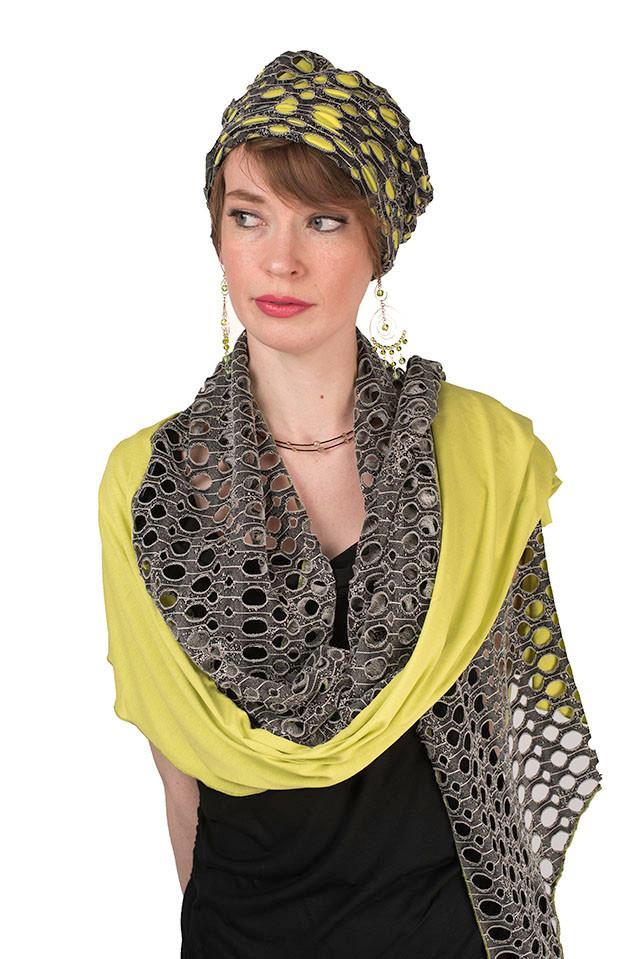 close up of Model wearing Rowdie style Slouchy Hat and matching Ladies Two-Tone Handkerchief Scarf on Mannequin | Lunar Landing, a black and neutral knit with curled edges surrounding holes, paired with a light-weight lime Green Jersey Knit | Handmade in Seattle WA | Pandemonium Millinery