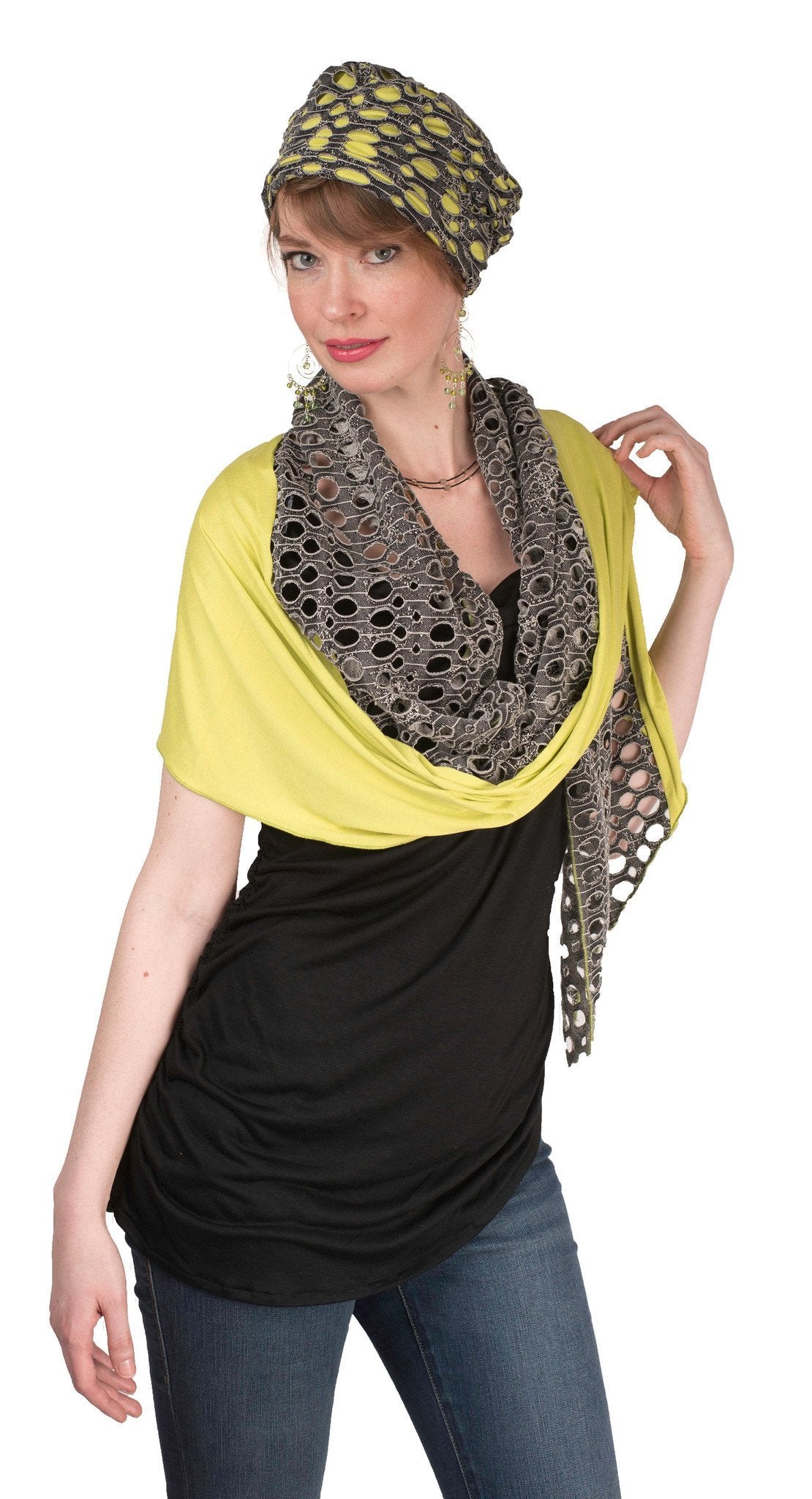 Model wearing Rowdie style Slouchy Hat and matching Ladies Two-Tone Handkerchief Scarf | Lunar Landing, a black and neutral knit with curled edges surrounding holes, paired with a light-weight lime Green Jersey Knit | Handmade in Seattle WA | Pandemonium Millinery