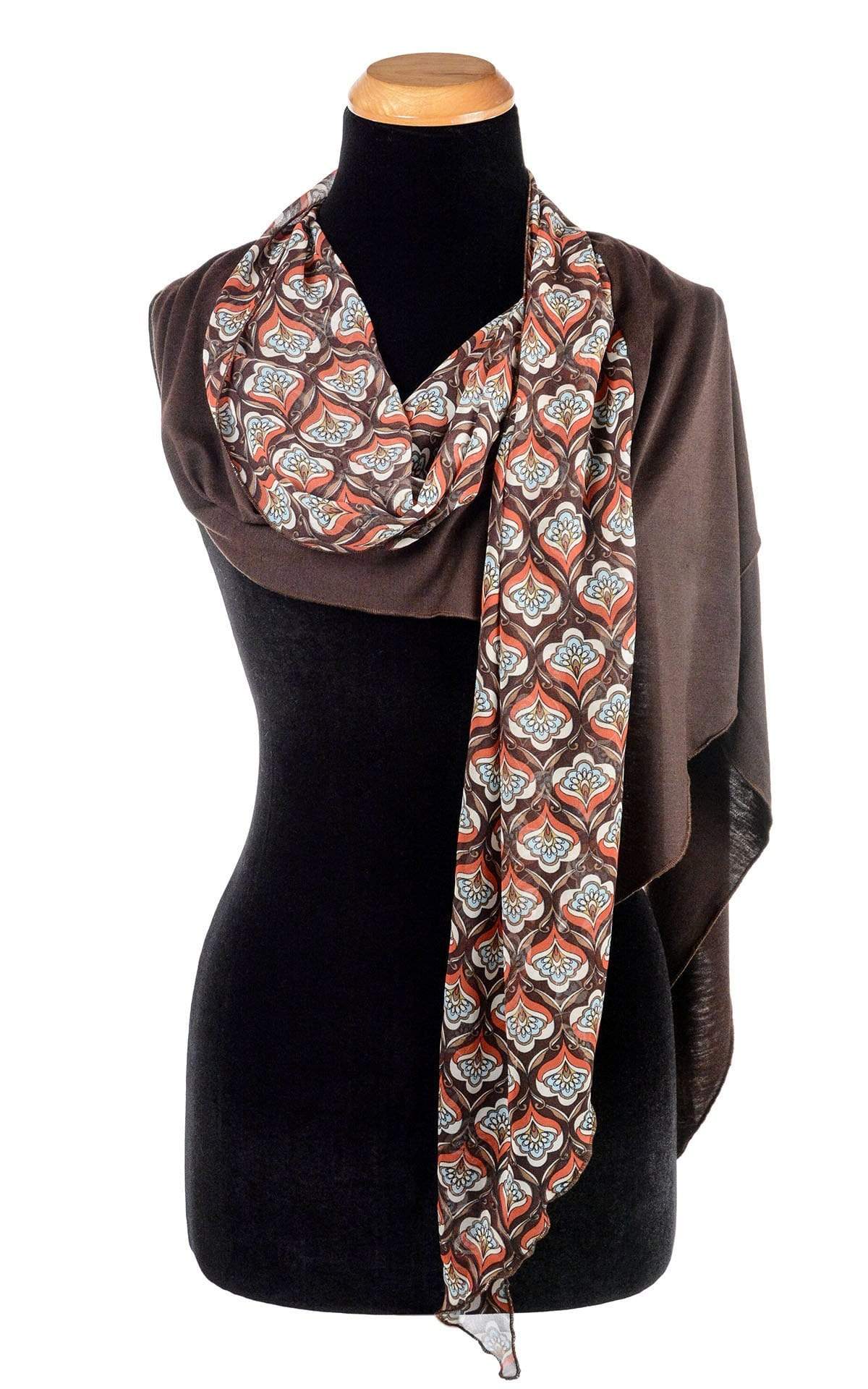  Ladies Two-Tone Handkerchief Scarf, Large Wrap shown over the shoulder | Shown in Multi Mod  (brown, blue, rust and cream)   print on Chiffon with Chocolate Jersey Knit | Handmade in Seattle WA | Pandemonium Millinery