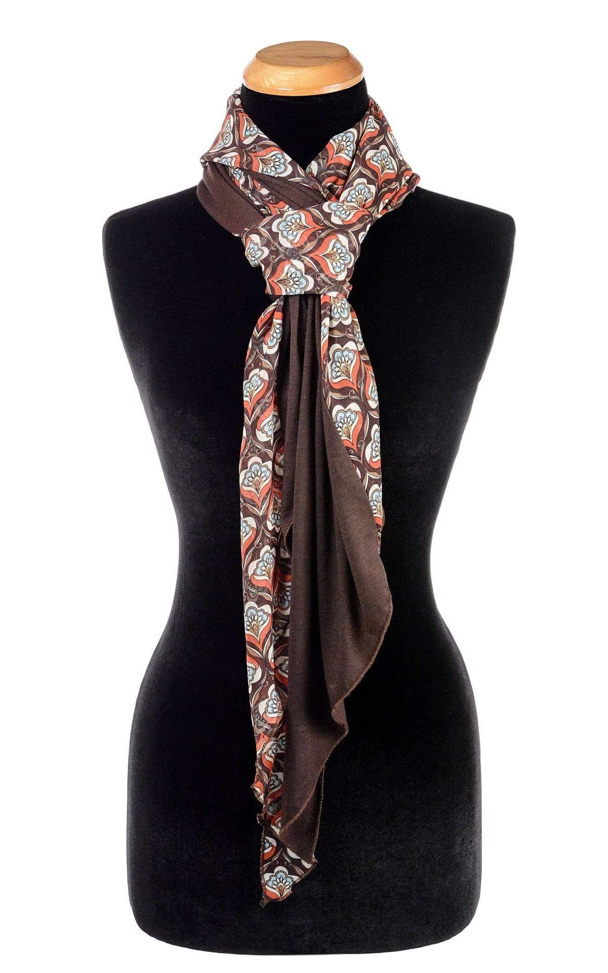  Ladies Two-Tone Handkerchief Scarf, Large Wrap shown tied | Shown in Multi Mod  (brown, blue, rust and cream)   print on Chiffon with Chocolate Jersey Knit | Handmade in Seattle WA | Pandemonium Millinery