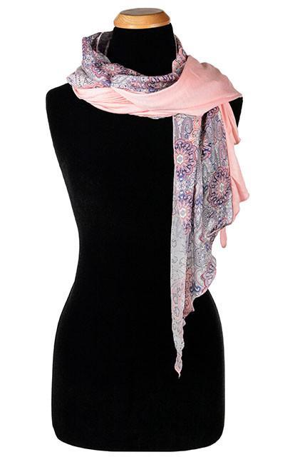 Ladies Large Handkerchief Scarf, Wrap on Mannequin knotted on the side |Paisly Madness chiffon with Pink Planet Jersy Knit,  pinks, Purple, and creams | Handmade in Seattle WA | Pandemonium Millinery