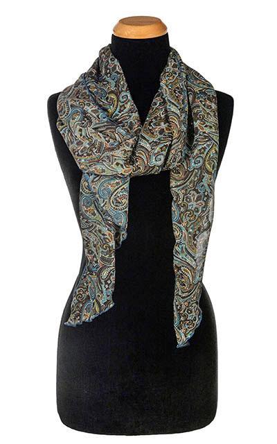 Women’s Large Handkerchief Scarf,  on  Mannequin  | Peacock Paisley Chiffon in blue, greens, and browns | Handmade in Seattle WA | Pandemonium Millinery