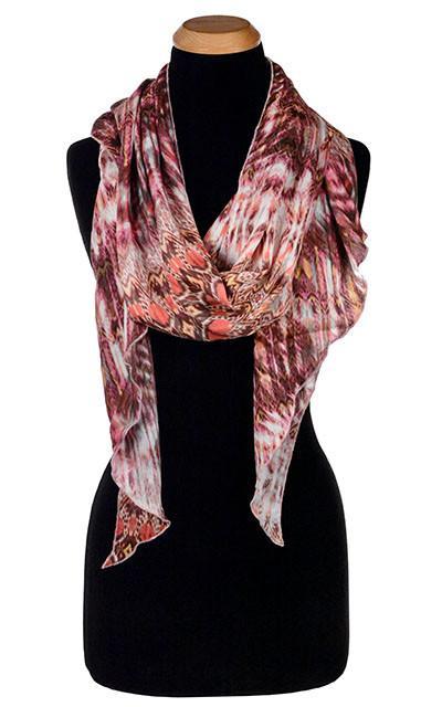 Ladies Large Handkerchief Scarf, Wrap on Mannequin | Pink dream cotton fabric with terra Jersy Knit, browns, pinks, coral, yellow, and creams | Handmade in Seattle WA | Pandemonium Millinery