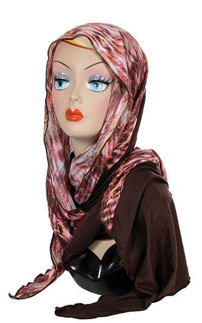 Ladies Large Handkerchief Scarf, Wrap on Mannequin head | Pink dream cotton fabric with terra Jersy Knit, browns, pinks, coral, yellow, and creams | Handmade in Seattle WA | Pandemonium Millinery