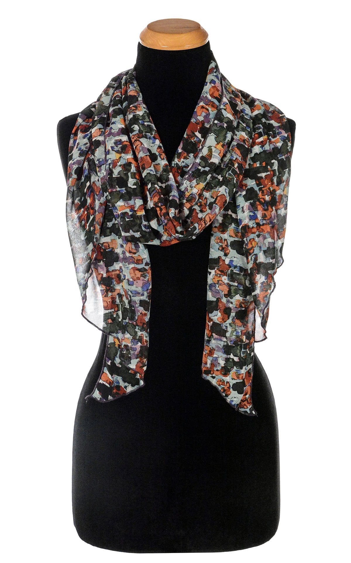 Women’s Large Handkerchief Scarf, Wrap on Mannequin | Shown in Purple Impression abstract Chiffon print. Blacks, reds creams, green, rust| Handmade in Seattle WA | Pandemonium Millinery