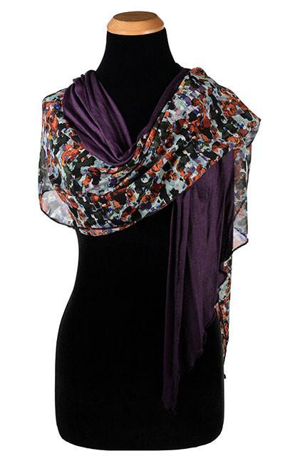 Women’s wearing Rowdie hat and matching Large Handkerchief Scarf, Wrap | Purple Impression floral Chiffon with Purple Haze Jersey Knit.| Handmade in Seattle WA | Pandemonium Millinery