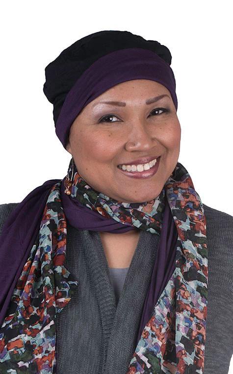 Close up of Women’s wearing Rowdie hat and matching Large Handkerchief Scarf, Wrap | Purple Impression floral Chiffon with Purple Haze Jersey Knit.| Handmade in Seattle WA | Pandemonium Millinery