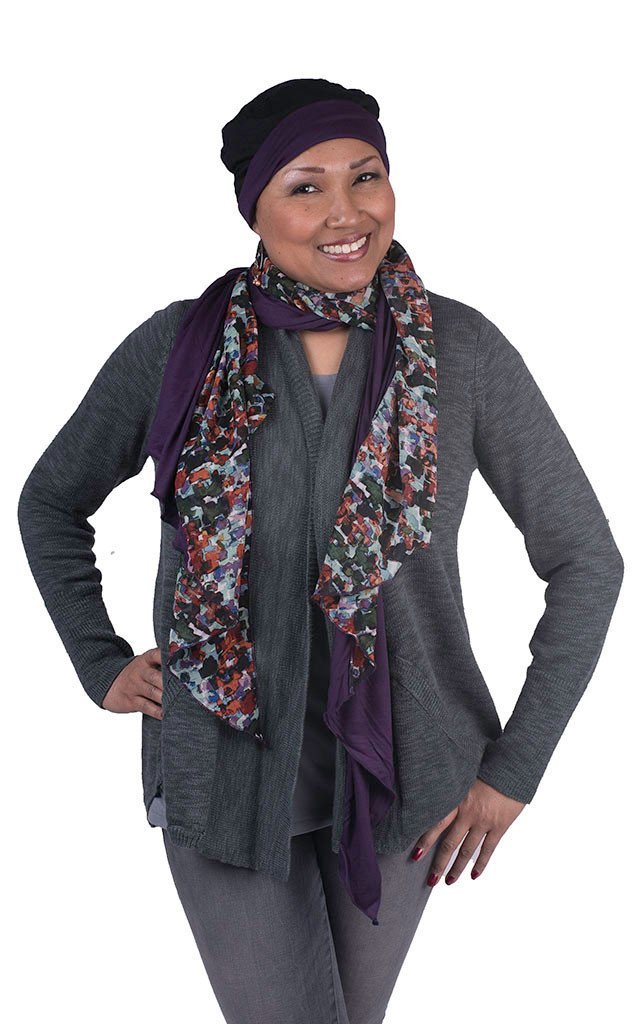 Women’s wearing Rowdie hat and matching Large Handkerchief Scarf, Wrap | Purple Impression floral Chiffon with Purple Haze Jersey Knit.| Handmade in Seattle WA | Pandemonium Millinery