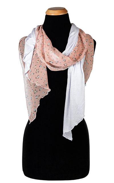 Ladies Two-Tone Handkerchief Scarf, Large Wrap | Shown in Rosie Posie floral print chiffon Milky way White Jersy Knit, pale pink blues and brown | Handmade in Seattle WA | Pandemonium Millinery