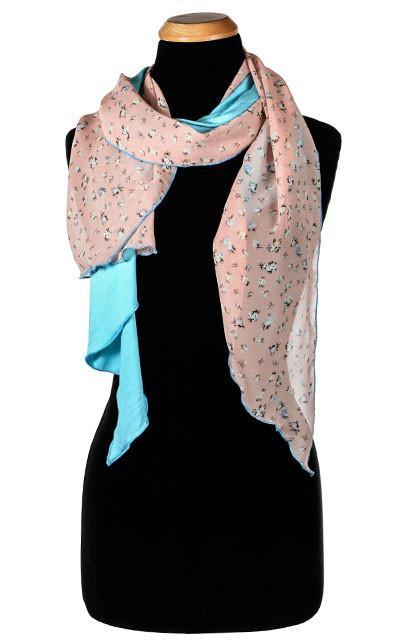 Ladies Two-Tone Handkerchief Scarf, Large Wrap | Shown in Rosie Posie floral print chiffon Oceans of emptiness ( turquoise, light  blue ) Jersy Knit, pale pink blues and brown | Handmade in Seattle WA | Pandemonium Millinery