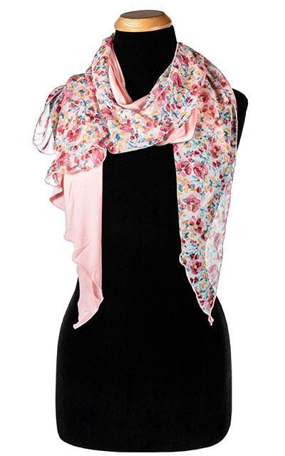 Ladies Two Tone Handkerchief Scarf, Large Wrap on Mannequin knotted on the side | Secret Garden Floral Print Chiffon with Pink Planet Jersy Knit,  pinks, Purple, Rust, Blue and creams | Handmade in Seattle WA | Pandemonium Millinery