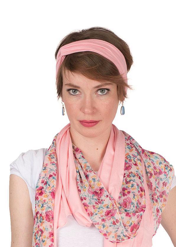 close up of Model wearing Pink Headband and matching Ladies Two Tone Handkerchief Scarf, Large Wrap on Mannequin knotted on the side | Secret Garden Floral Print Chiffon with Pink Planet Jersy Knit,  pinks, Purple, Rust, Blue and creams | Handmade in Seattle WA | Pandemonium Millinery