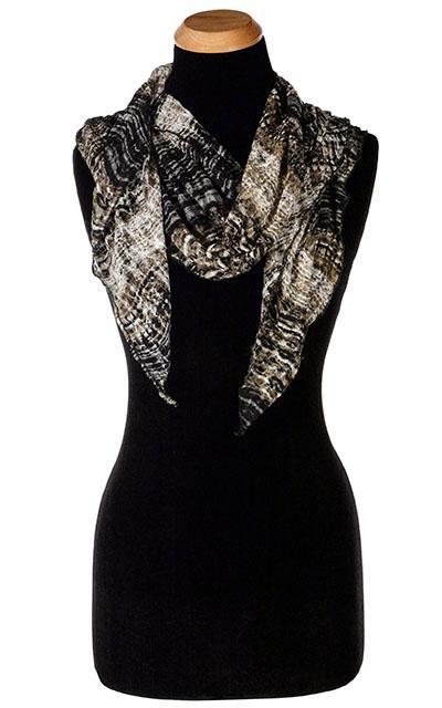 Women’s Large Handkerchief Scarf, Wrap on Mannequin | Shown in snake multi-tonal print on lace, black, brown, and cream | Handmade in Seattle WA | Pandemonium Millinery