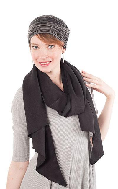 Women wearing Rowdie style hat and Handkerchief Scarf, Wrap | Lightweight Faux Suede in Black | Handmade in Seattle WA | Pandemonium Millinery
