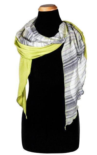 Ladies Two Tone Handkerchief Scarf, Large Wrap on Mannequin | Shown in Spring Linen striped print with Martian Countryside Jersey Knit Lime Green, Black, Gray, Ivory | Handmade in Seattle WA | Pandemonium Millinery