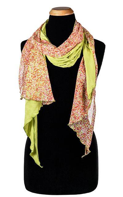 Women’s Large Handkerchief Scarf, Wrap on Mannequin | Summer Daze with Martian Countryside Jersey Knit, apple green, lime green, red, yellow, and cream| Handmade in Seattle WA | Pandemonium Millinery