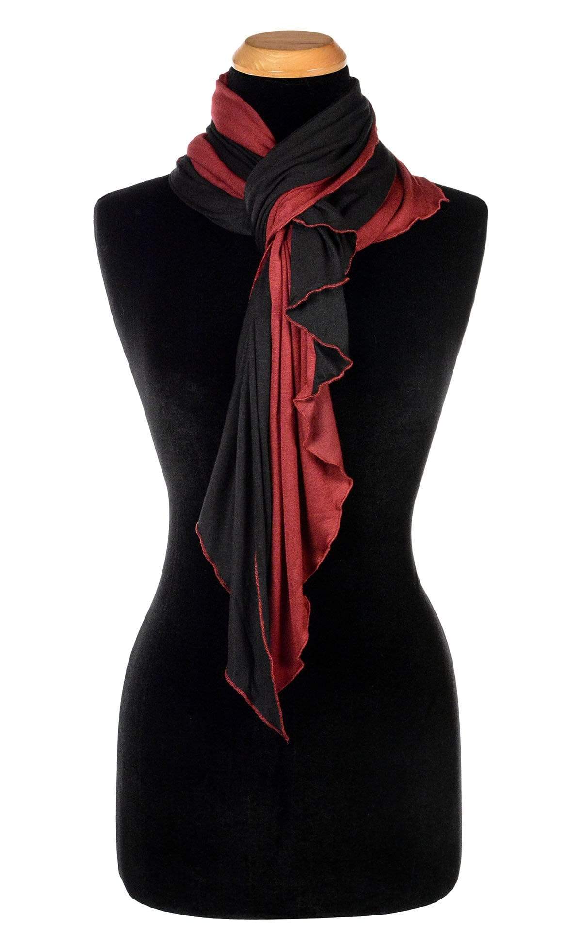 Ladies Large Handkerchief Scarf, Wrap jersey knit fabric on a mannequin | Abyss W/ Blood Mooni, black and red| Handmade in Seattle WA | Pandemonium Millinery