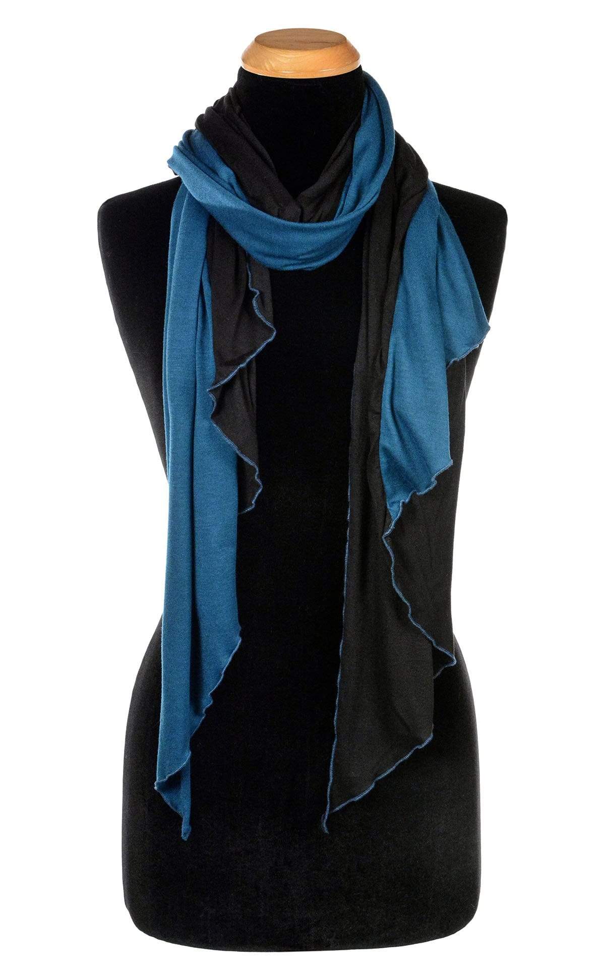 Ladies Large Handkerchief Scarf, Wrap jersey knit fabric on a mannequin | Abyss W/ Blue Moon, black and  Blue | Handmade in Seattle WA | Pandemonium Millinery