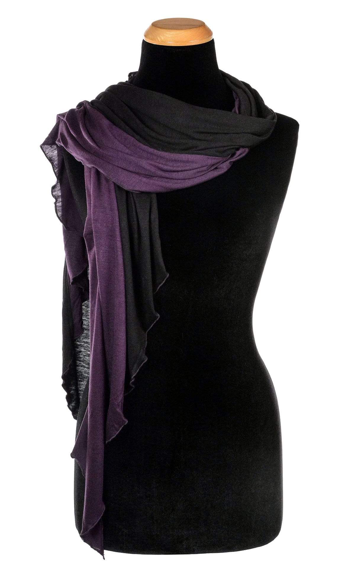 Women&#39;s Large Handkerchief Scarf, Wrap jersey knit fabric on a mannequin | Abyss W/ Purple Haze, black and  Plum | Handmade in Seattle WA | Pandemonium Millinery