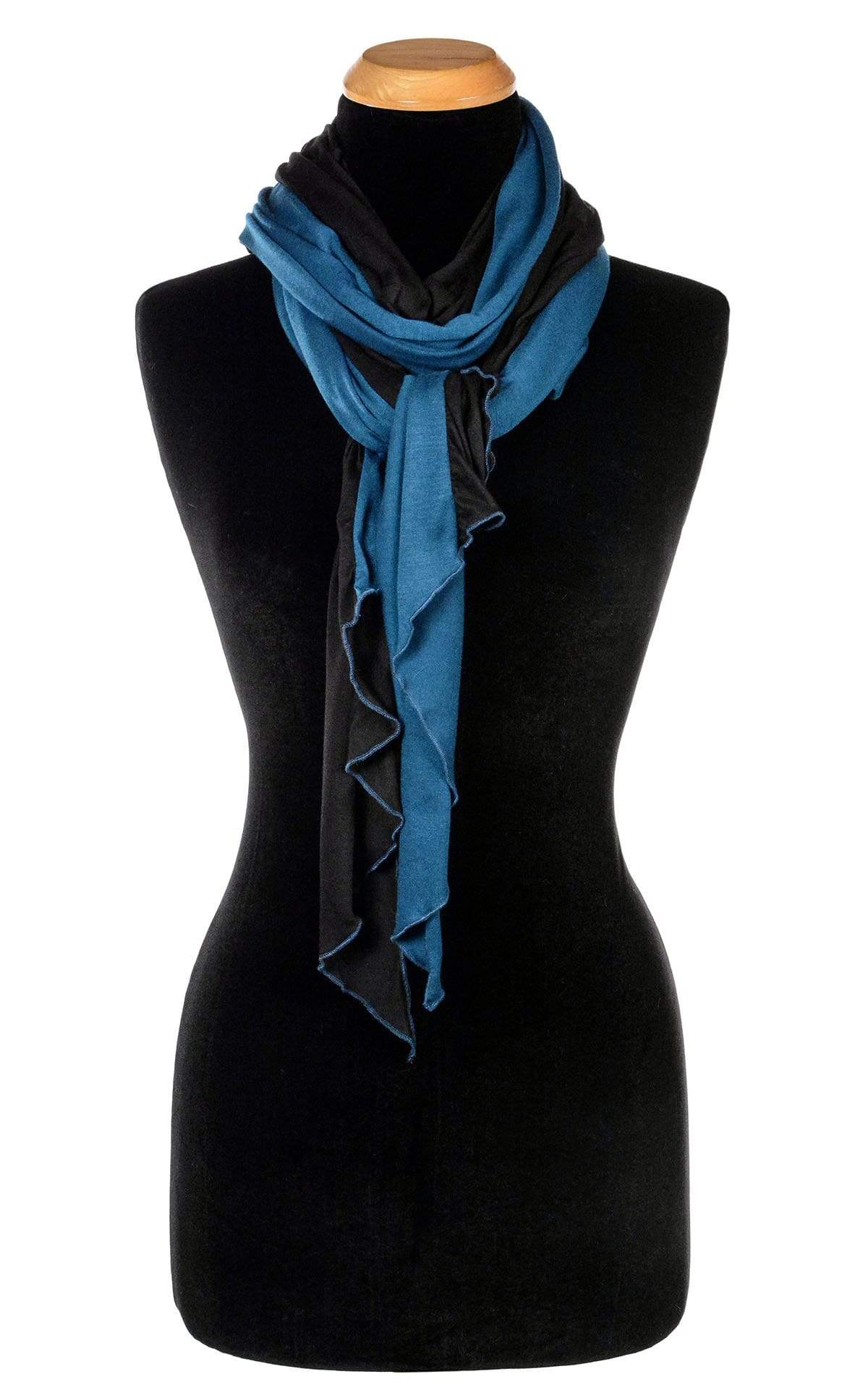 Ladies Large Handkerchief Scarf, Wrap jersey knit fabric on a mannequin tied in front | Abyss W/ Blue Moon, black and  Blue | Handmade in Seattle WA | Pandemonium Millinery