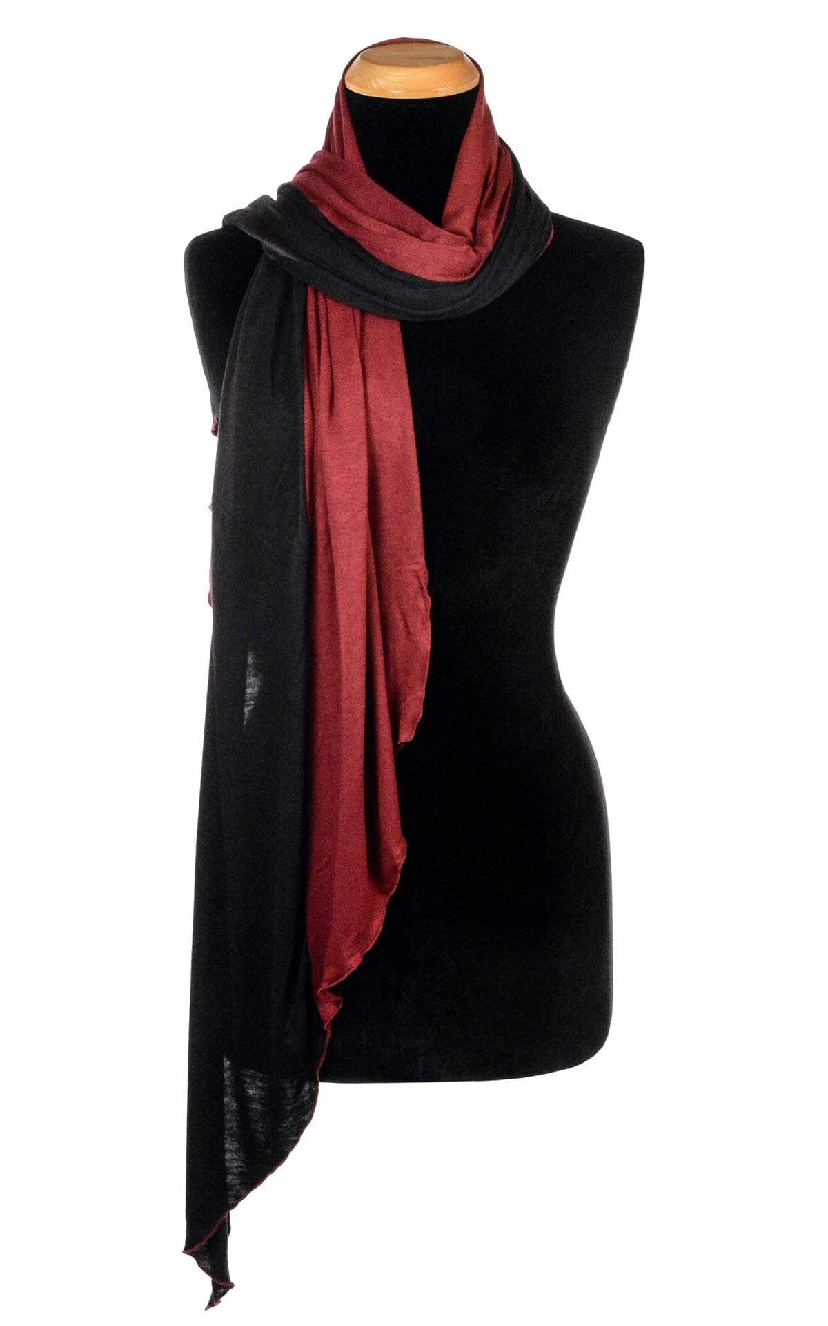 Ladies Large Handkerchief Scarf, Wrap jersey knit fabric on a mannequin | Abyss W/ Blood Mooni, black and red| Handmade in Seattle WA | Pandemonium Millinery