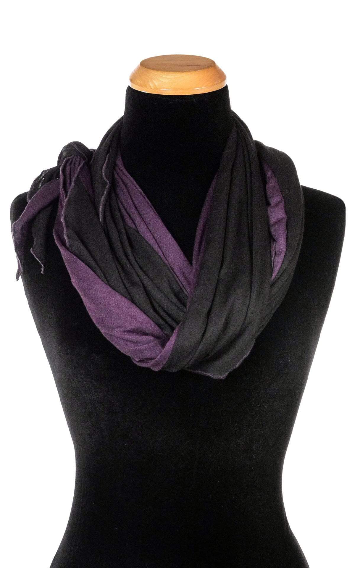 Ladies Large Handkerchief Scarf, Wrap jersey knit fabric on a mannequin wrapped twice | Abyss W/ Purple Haze, black and  Plum | Handmade in Seattle WA | Pandemonium Millinery