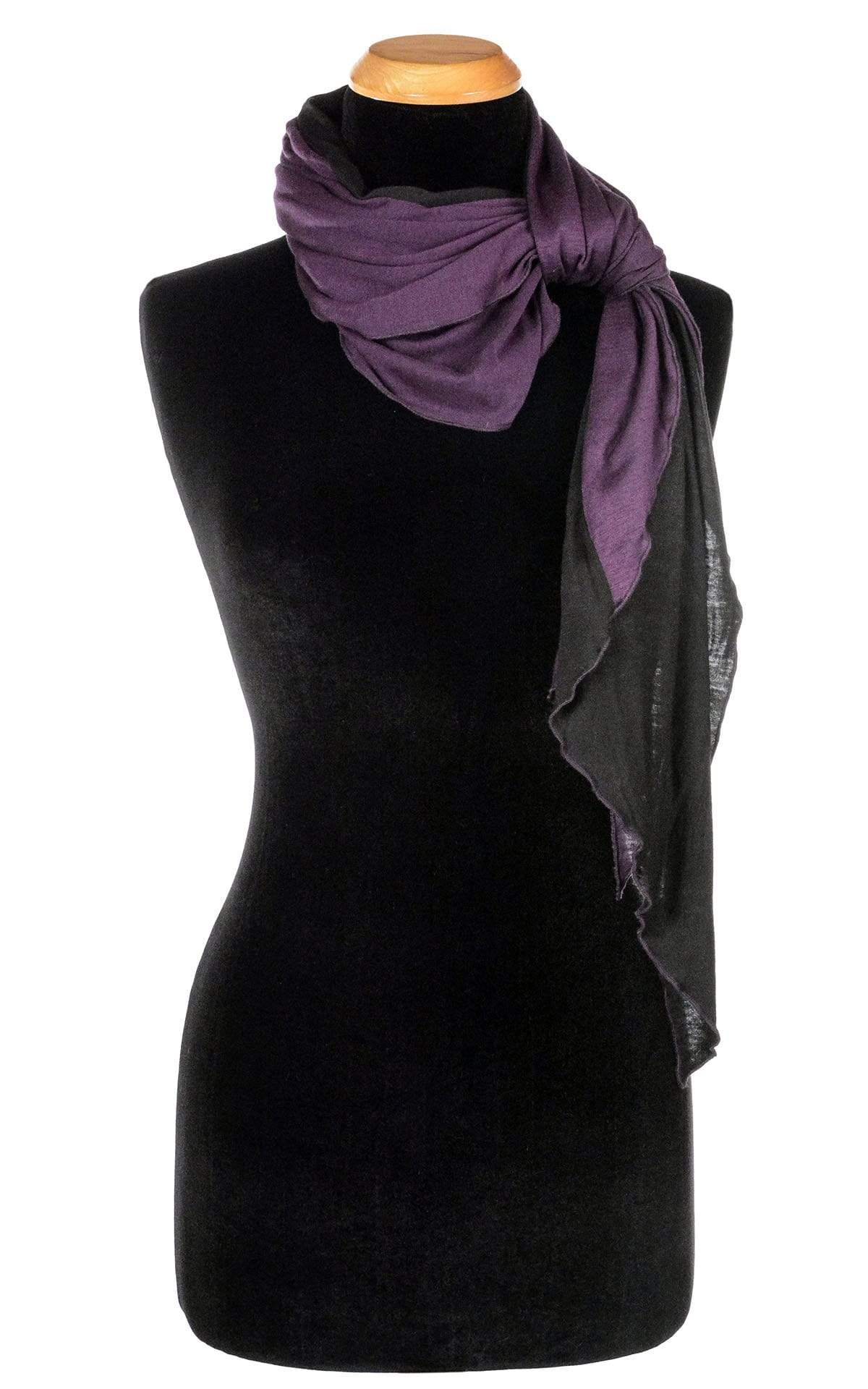 Ladies Large Handkerchief Scarf, Wrap jersey knit fabric on a mannequin tied in front | Abyss W/ Purple Haze, black and  Plum | Handmade in Seattle WA | Pandemonium Millinery