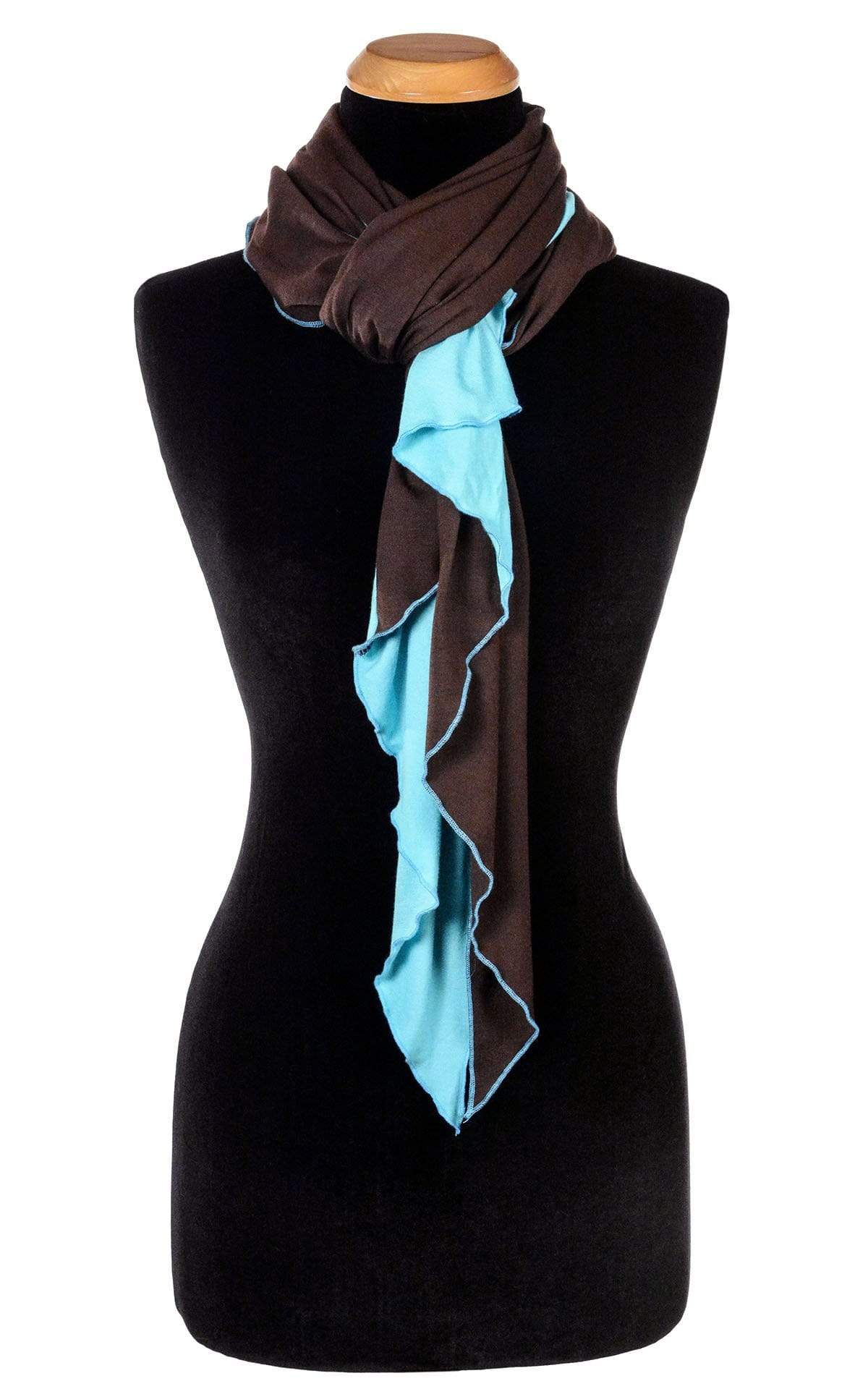 Ladies Large Handkerchief Scarf, Wrap jersey knit fabric on a mannequin looped in fornt | Terra W/ Ocean of Emptiness, Chocolate brown and Light Blue| Handmade in Seattle WA | Pandemonium Millinery