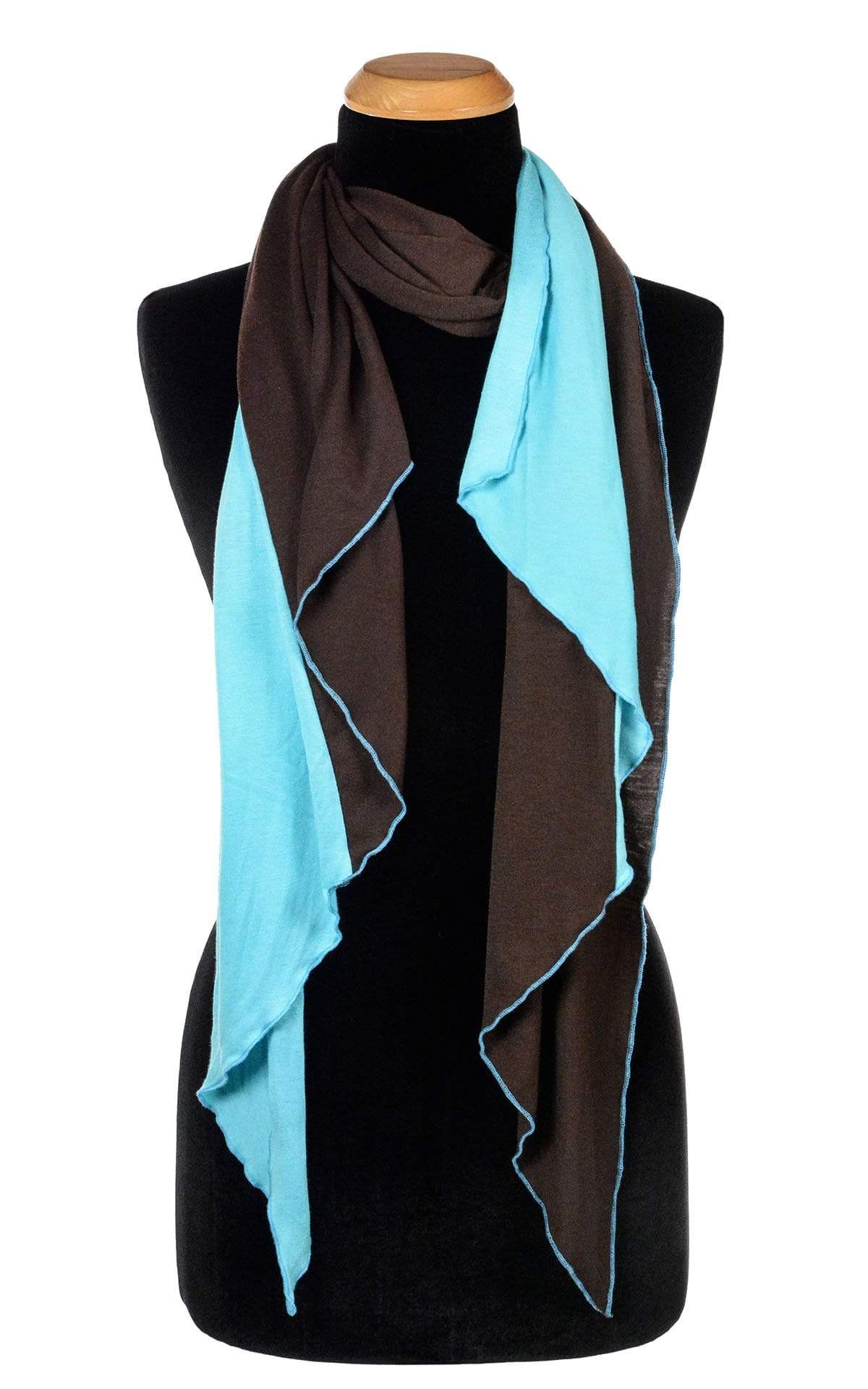 Ladies Large Handkerchief Scarf, Wrap jersey knit fabric on a mannequin | Terra W/ Ocean of Emptiness, Chocolate brown and Light Blue| Handmade in Seattle WA | Pandemonium Millinery