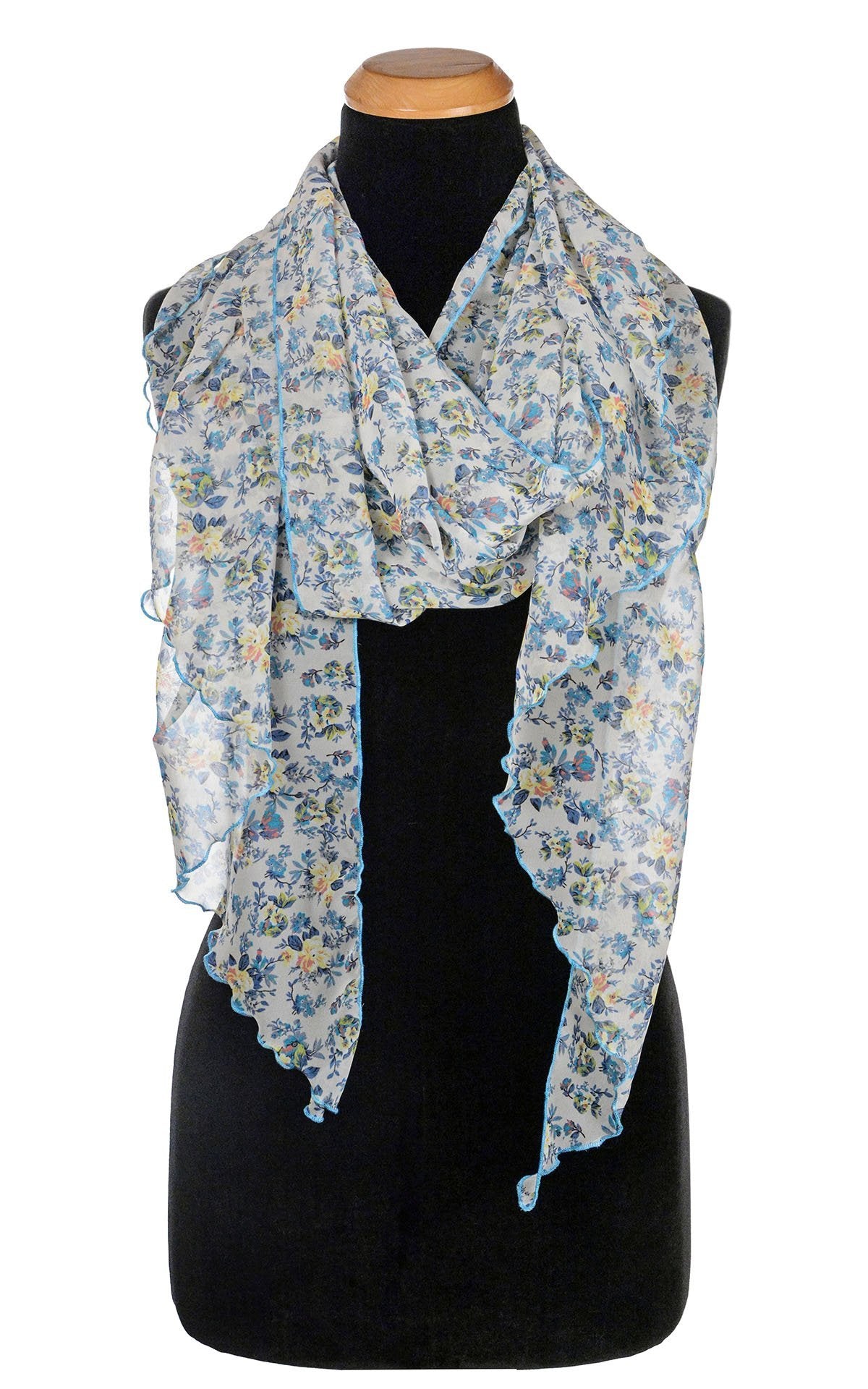 Women’s Large Handkerchief Scarf, Wrap on Mannequin | Victory Garden Chiffon floral print in blues and ivory| Handmade in Seattle WA | Pandemonium Millinery