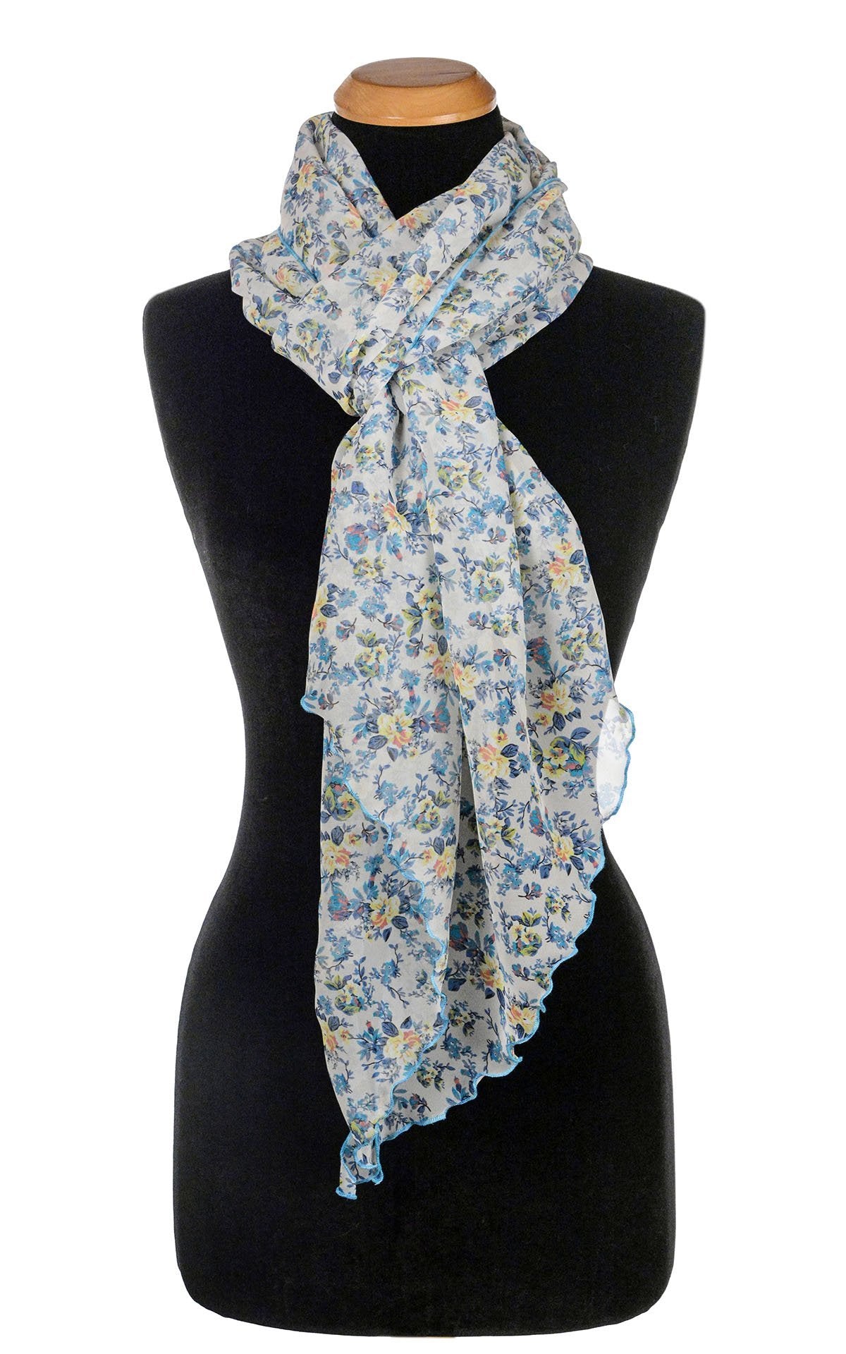 Women’s Large Handkerchief Scarf, Wrap on Mannequin shown looped | Victory Garden Chiffon floral print in blues and ivory| Handmade in Seattle WA | Pandemonium Millinery