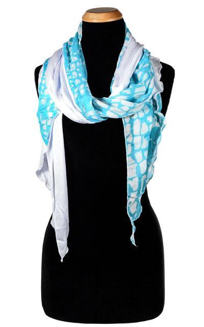  Ladies Two-Tone Handkerchief Scarf, Large Wrap | Shown in White Caps chiffon Print in blues and whites with Milky Way White Jersy Knit | Handmade in Seattle WA | Pandemonium Millinery