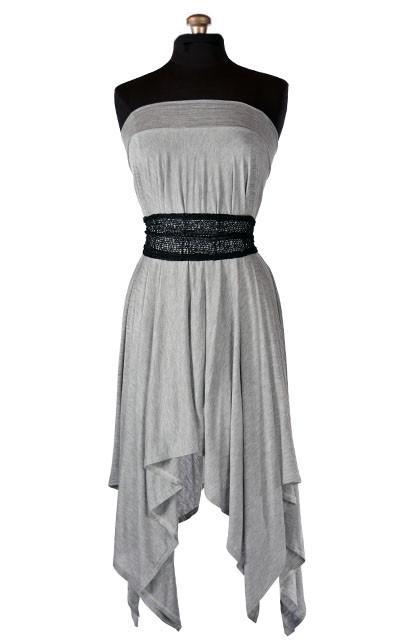 Mannequin Product shot of Head Wrap, Multi-style worn as belt on gray handkerchief skirt | Glitzy Glam in Black | Handmade by Pandemonium Millinery Seattle, WA USA