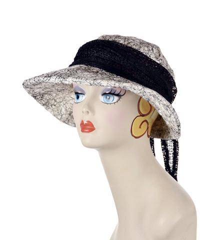 Mannequin Product shot of Head Wrap, Multi-style worn as wrap on Katherine wide brim hat | Glitzy Glam in Black | Handmade by Pandemonium Millinery Seattle, WA USA