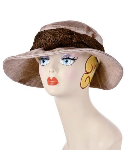 Mannequin Product shot of Head Wrap, Multi shown as hat wrap on Katherin wide brim hat| Glitzy Glam in Coffee | Handmade by Pandemonium Millinery Seattle, WA USA