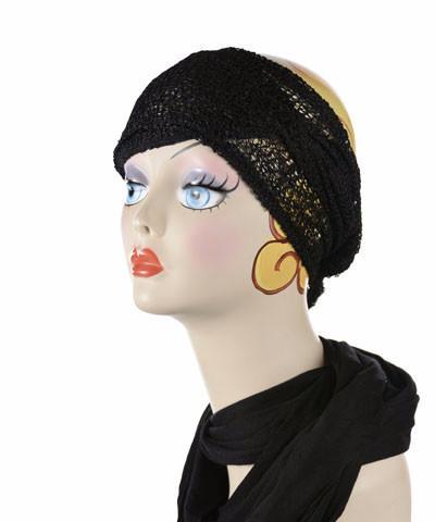 Model wearing Head Wrap, Multi-Style  with Purple Skirt| Glitzy Glam in Black | Handmade by Pandemonium Millinery Seattle, WA USA