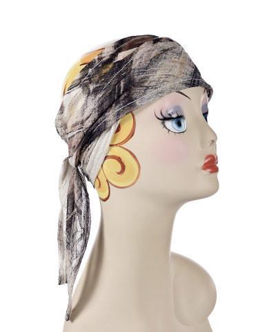 Mannequin Product shot of Head Wrap, Multi-Style | Lovely Lace in Pink and Chocolate | Handmade by Pandemonium Millinery Seattle, WA USA