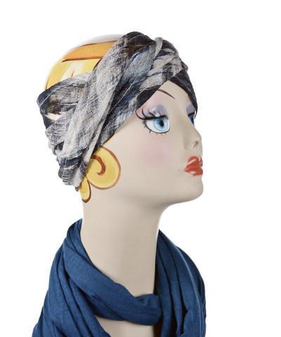 Mannequin Product shot of Head Wrap, Multi-Style | Lovely Lace in Blue and Black | Handmade by Pandemonium Millinery Seattle, WA USA